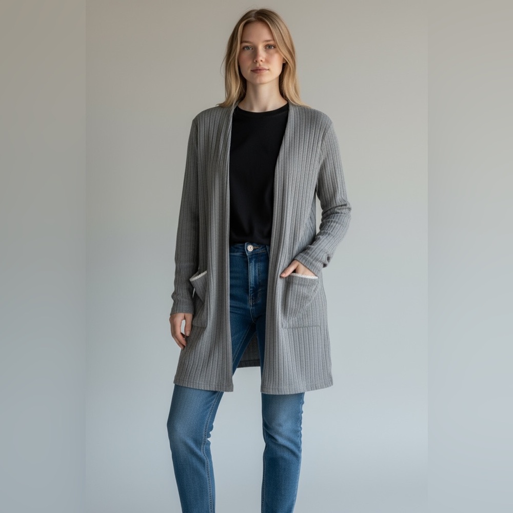 Blu Pepper Gray Ribbed Open Front Cardigan